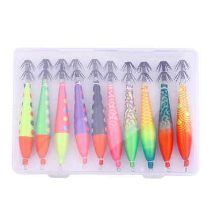Fishing lure set in clear tackle box: colorful squid jigs with umbrella hooks