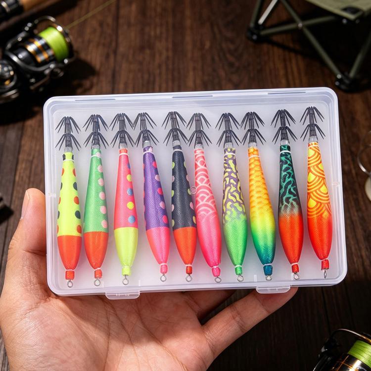 Fishing lure set in clear tackle box held in hand, colorful squid jigs with hooks