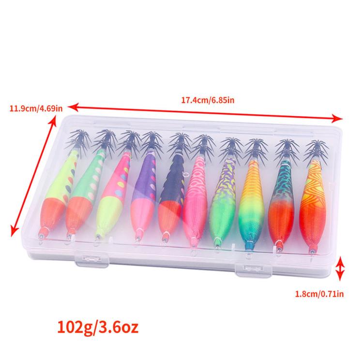 Clear tackle box with assorted colorful squid jigs and umbrella hooks