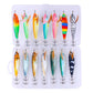 Two-row tackle box with assorted squid jigs, including orange, pink, and zebra patterns