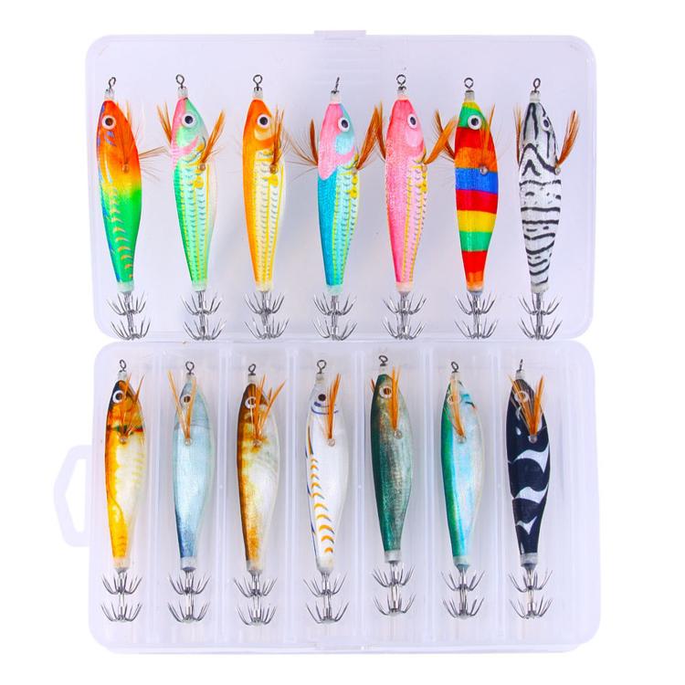 Two-row tackle box with assorted squid jigs, including orange, pink, and zebra patterns