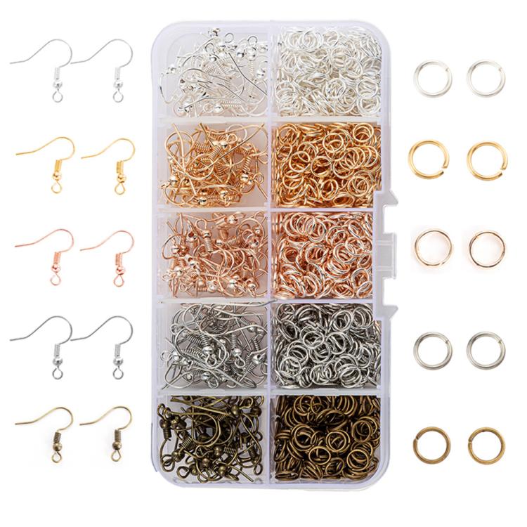 Earring hooks and jump rings kit in clear organizer box with multicolor metal rings
