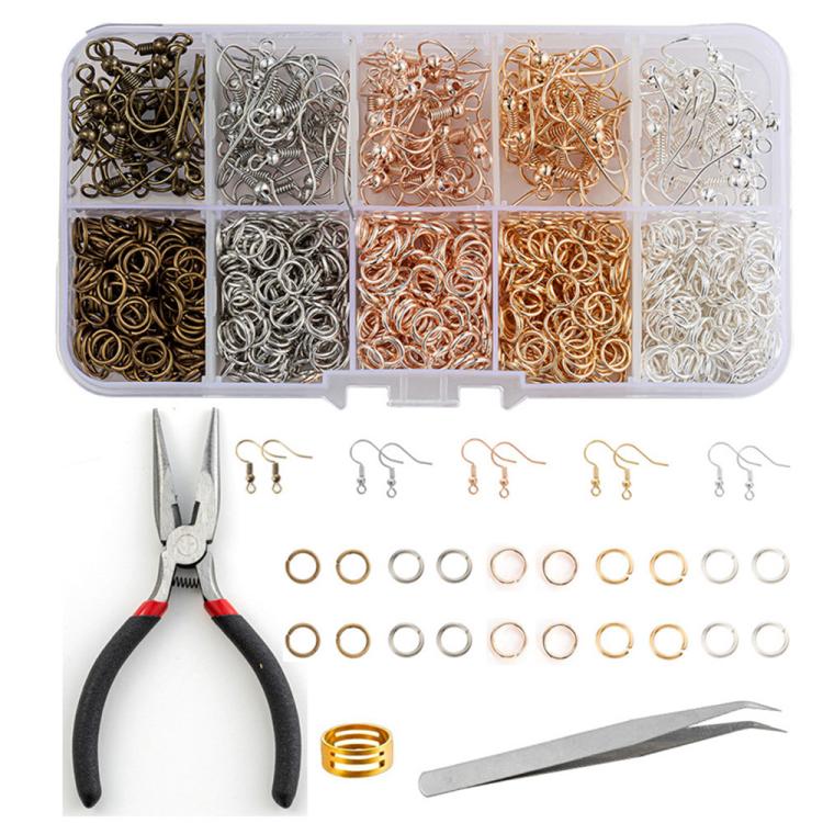 Earring making kit with multicolor jump rings, hooks, and included pliers and tweezers