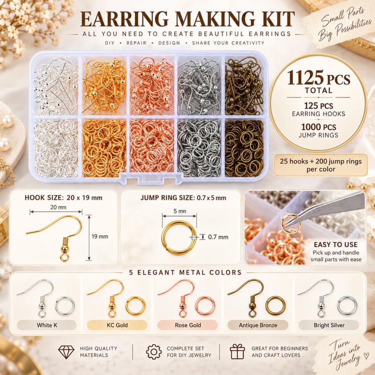 Earring making kit storage box with earring hooks and jump rings in five metal colors