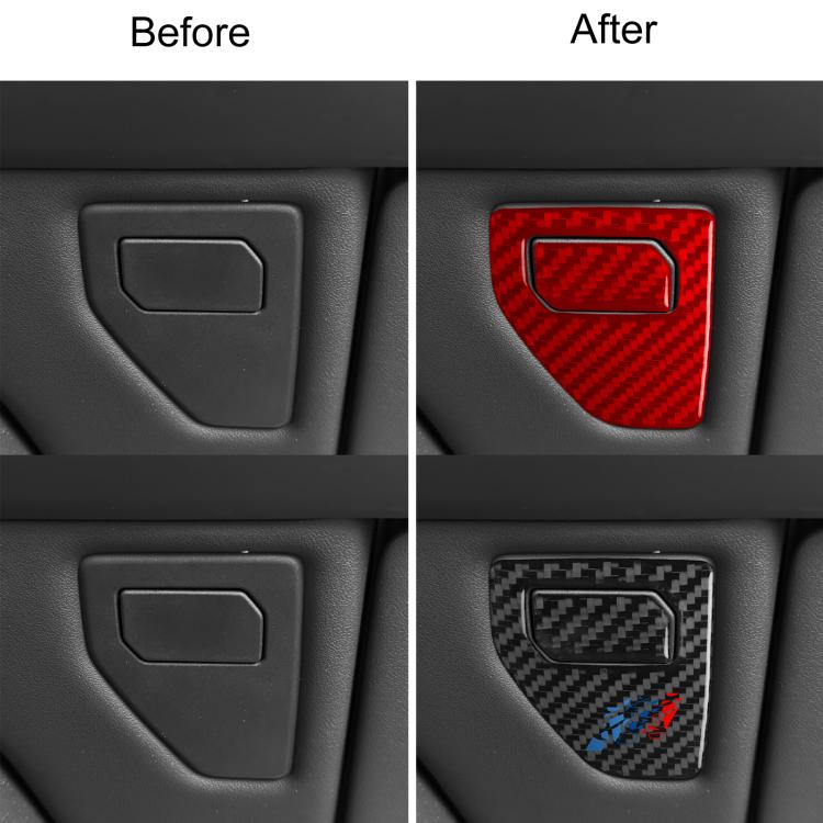 Passenger glove box switch panel sticker shown installed in red and carbon fiber