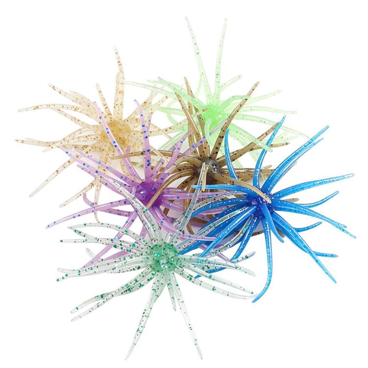 Floating sea urchin soft fishing lures, purple, green, and blue tentacle heads
