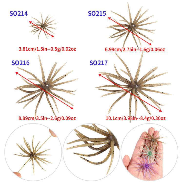 Assorted sea urchin soft fishing lures, brown speckled tentacles with red accents