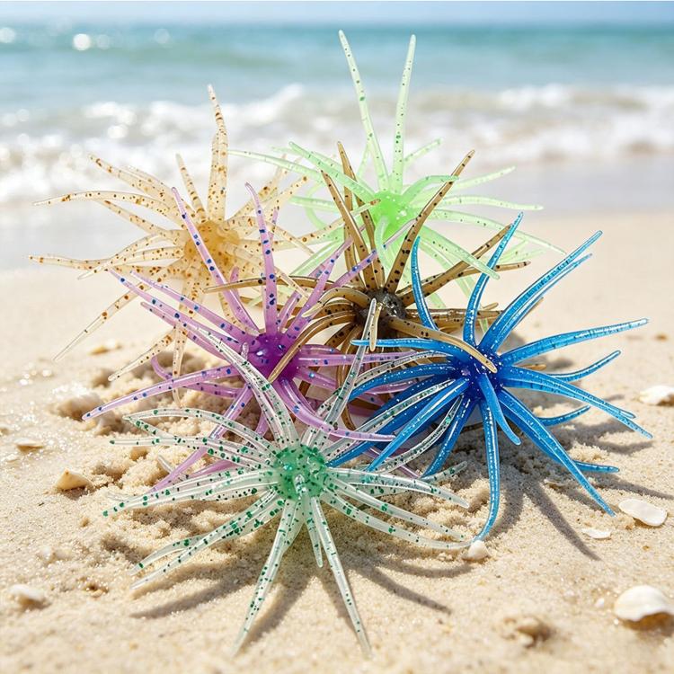 Floating sea urchin soft fishing lure set with green, purple, and blue tentacles