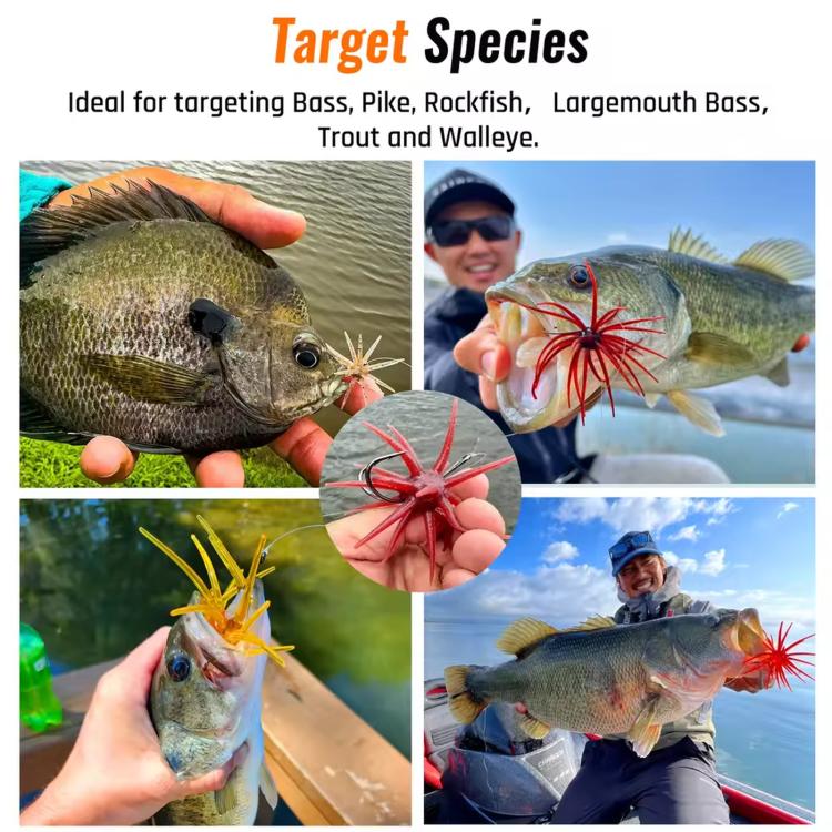 Red sea urchin soft fishing lures shown with fish catch photos