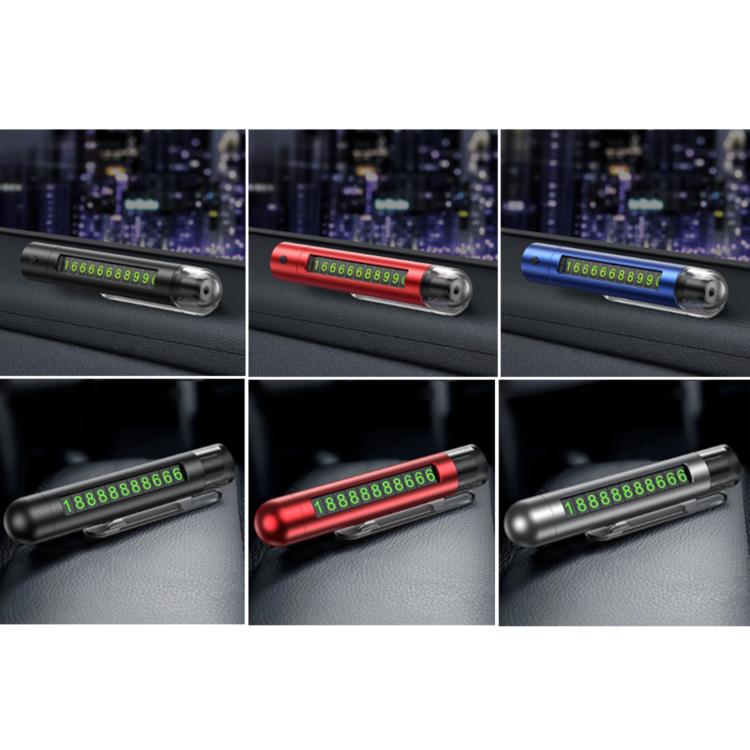 Assorted colored car safety hammers with parking number plates on dashboards