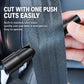 Car safety hammer belt cutter with serrated blade held against a seat belt