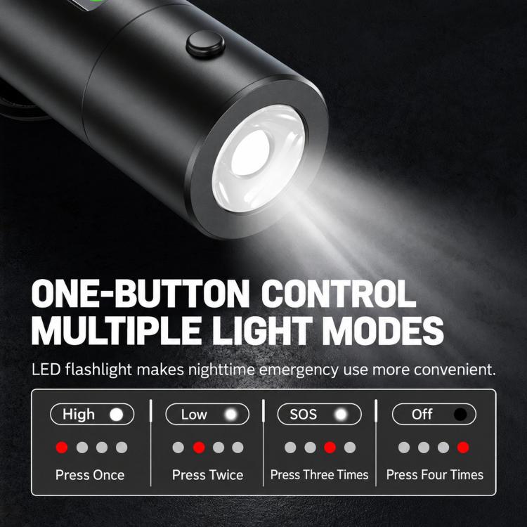 Car safety hammer with LED flashlight and one-button control for light modes