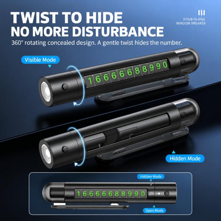 Car safety hammer with twist-hidden parking number plate and LED flashlight