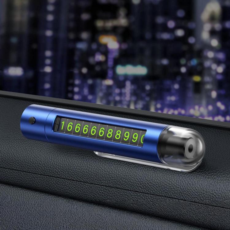 Blue car safety hammer with flip-out parking number plate on a dashboard