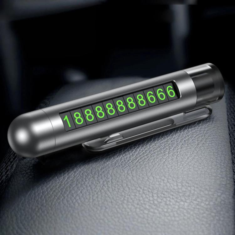 Multifunction car safety hammer with sliding parking number plate, gray body, green digits