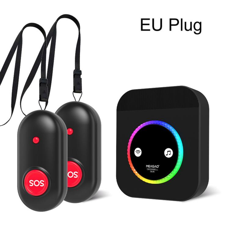 Wireless doorbell call pager system with EU plug: two black SOS transmitters and receiver