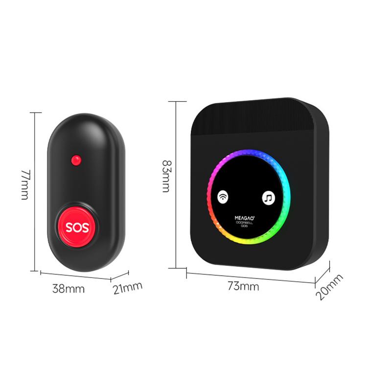 Wireless doorbell transmitter and receiver dimensions shown with SOS and multicolor ring