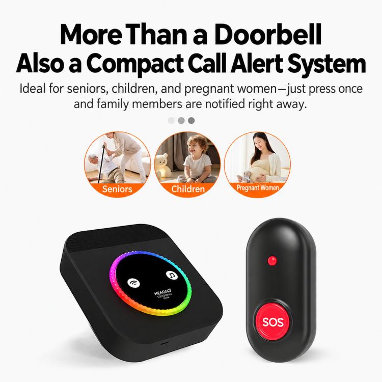 Wireless call alert system: black receiver with multicolor ring and black SOS pager