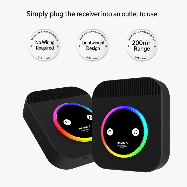 Wireless doorbell receiver set with multicolor ring and plug-ready design, black casing