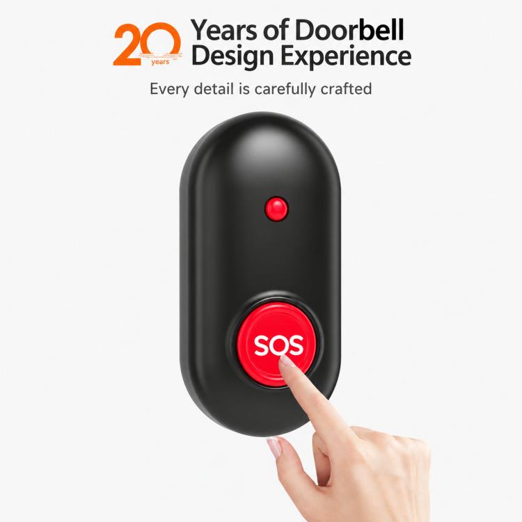 Black SOS call pager with red button and lanyard, hand pressing SOS