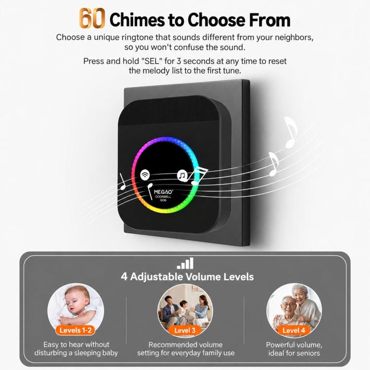 Wireless doorbell receiver with circular multicolor light ring and SOS button