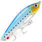 Blue prismatic sinking pencil fishing lure with feather and treble hooks