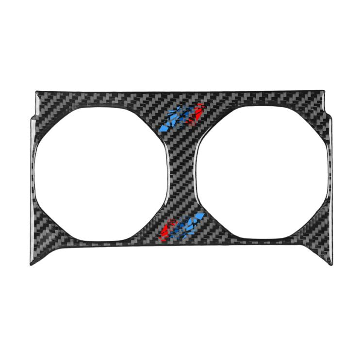 Rear hidden cup holder panel car sticker, black carbon fiber with blue and red accents