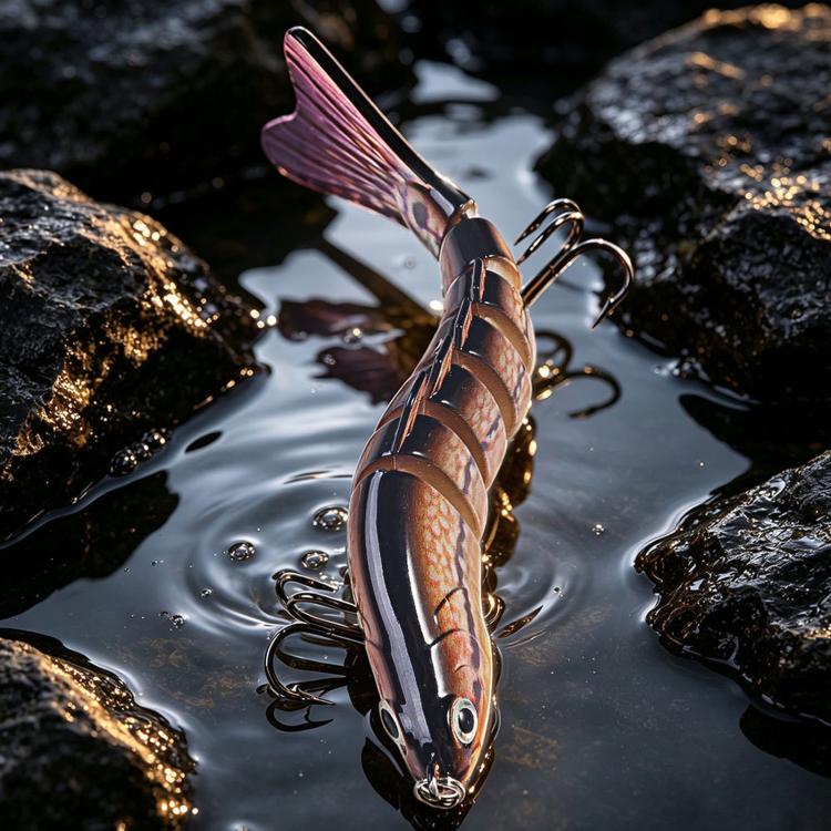 Multi-jointed swimbait fishing lure, brown orange segmented body with purple tail and treble hooks