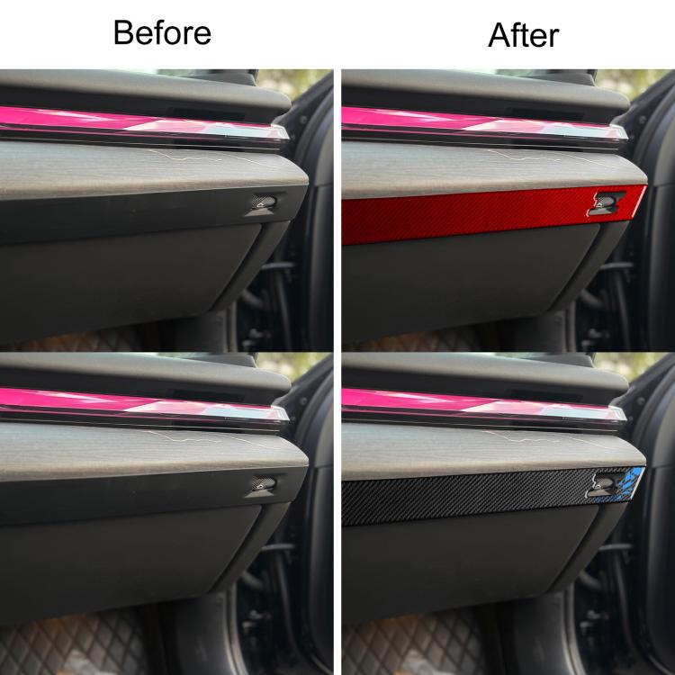 Under-dashboard sticker shown on dashboard area: red and carbon fiber black (before/after)