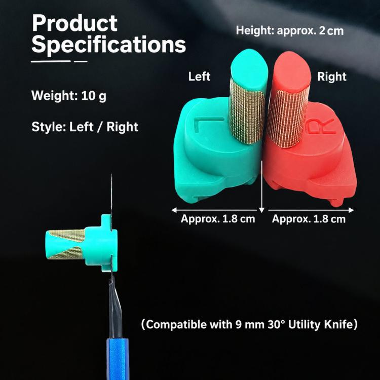 Car tint film-cutting guide tool, teal and red holders with measurement scale