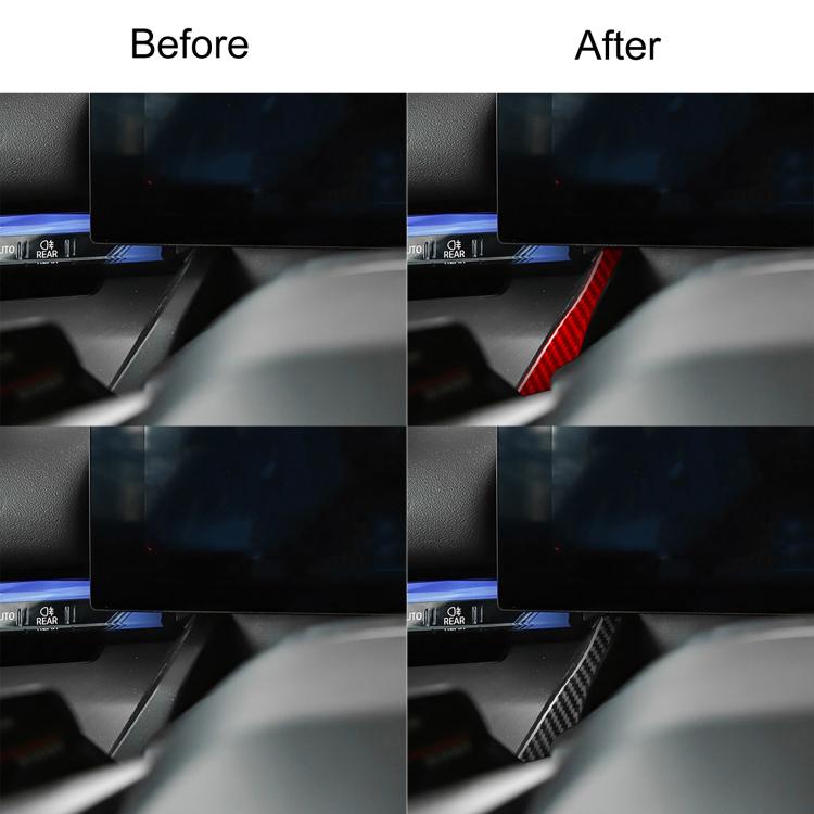 Before-and-after view showing installed red and carbon fiber V-shaped dashboard stickers