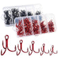 Red treble fishing hook kit in clear divided storage box, barbed hooks