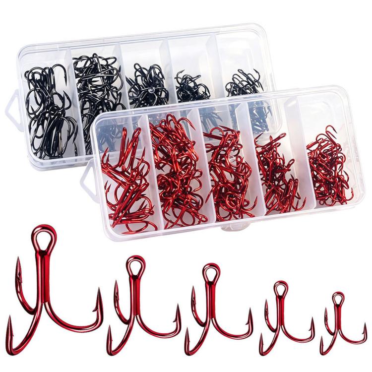 Red treble fishing hook kit in clear divided storage box, barbed hooks