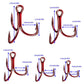 Red treble fishing hooks size chart with barbed hook measurements