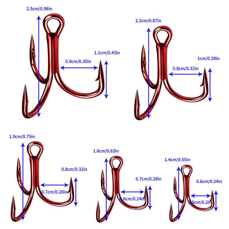 Red treble fishing hooks size chart with barbed hook measurements