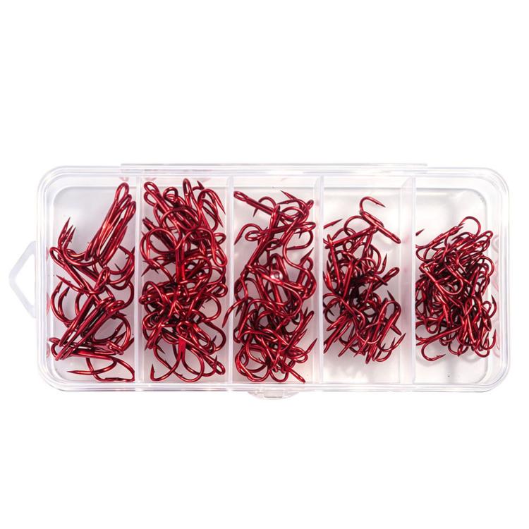 Red treble fishing hooks in clear divided storage box, barbed hooks