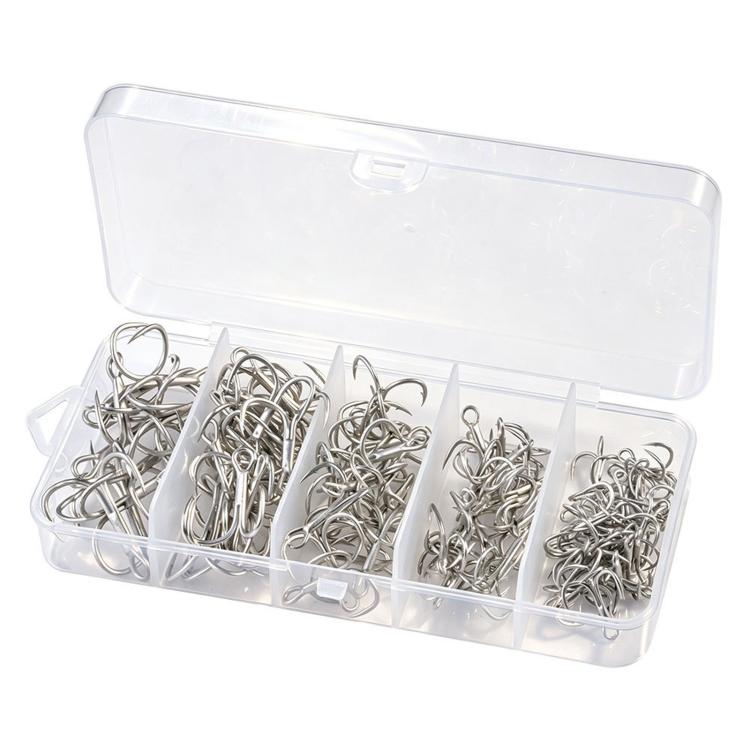 Matte tin treble fishing hook kit in clear divided storage box, barbed hooks