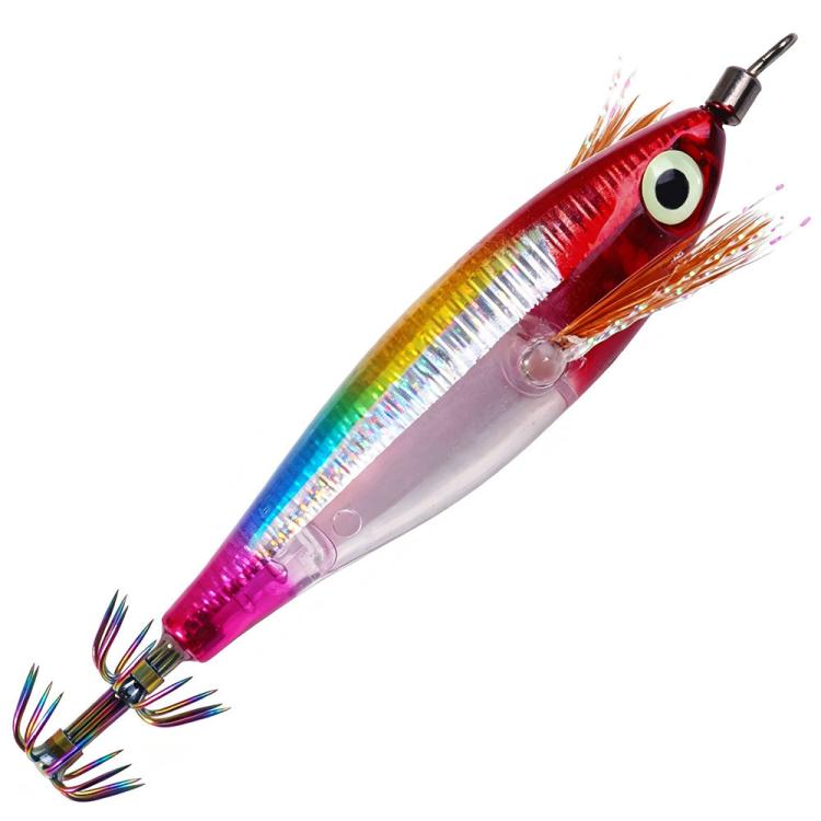 Glow squid jig lure with rainbow stripe, red and purple body, feather tail, treble hooks