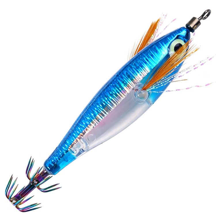 Glow squid jig lure with rainbow stripe, blue and silver body, feather tail, treble hooks