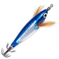 Glow squid jig lure with rainbow stripe, blue top and white belly, feather tail, treble hooks