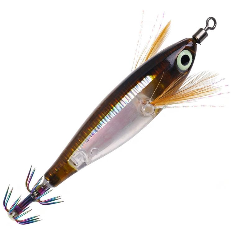 Glow squid jig lure with rainbow stripe, dark brown and silver body, feather tail, treble hooks
