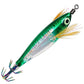 Glow squid jig lure with rainbow stripe, green and silver body, feather tail, treble hooks