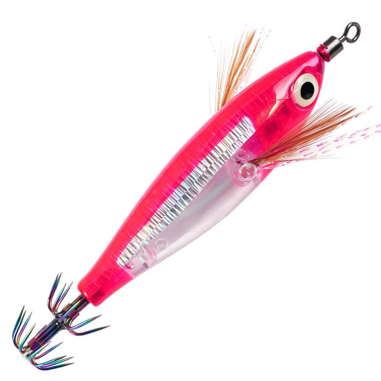Glow squid jig lure with rainbow stripe, bright pink and silver body, feather tail, treble hooks