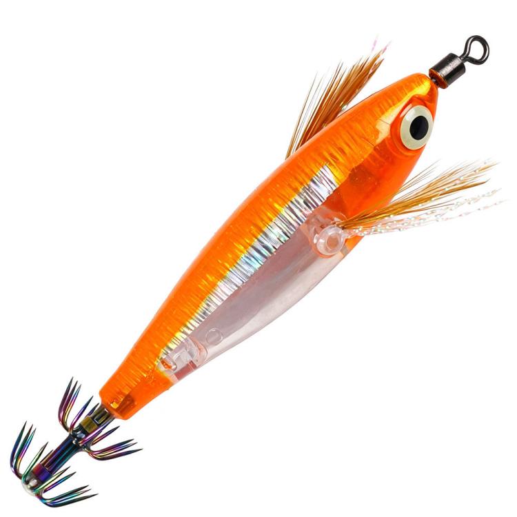 Glow squid jig lure with rainbow stripe, orange and silver body, feather tail, treble hooks