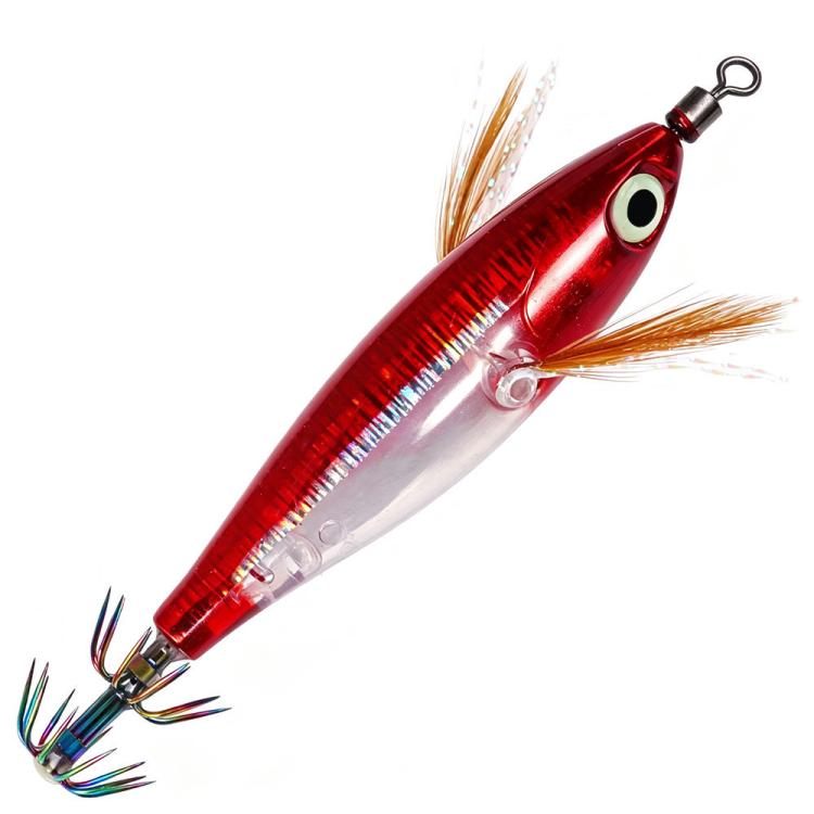 Glow squid jig lure with rainbow stripe, red and silver body, feather tail, treble hooks