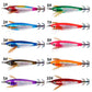 Assorted glow squid jigs with treble hooks and orange feather tails, numbered colors