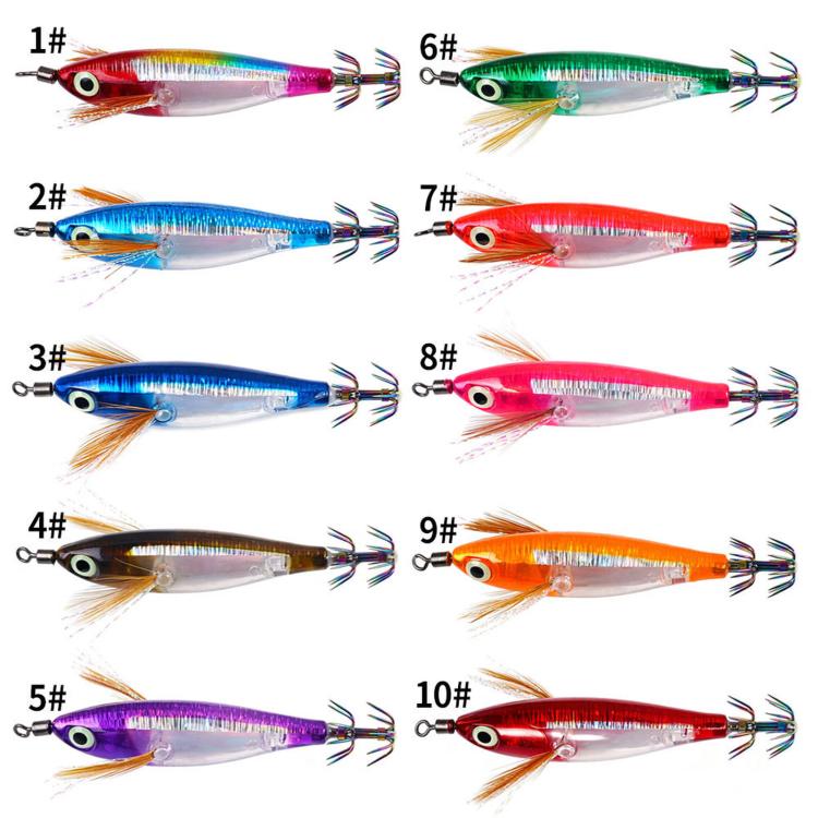 Assorted glow squid jigs with treble hooks and orange feather tails, numbered colors