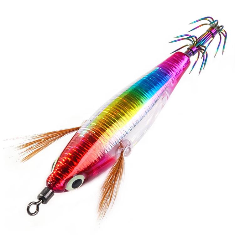 Rainbow prismatic glow squid jig lure with glitter body, treble hooks, and orange feathers