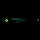 Glow squid jig lure shown in dark, bright green illuminated eye and stripes
