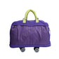Purple nylon rolling duffel bag with lime handles and detachable bottom wheels